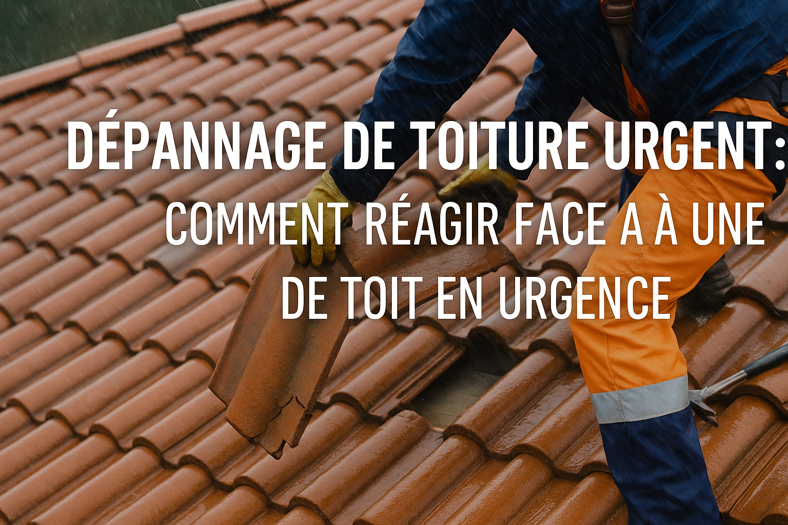 Couvreur réparant une fuite de toiture en urgence sous la pluie
