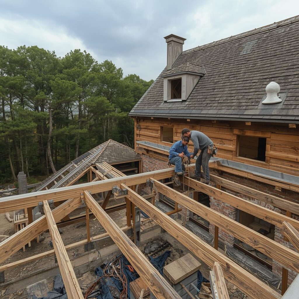 Artisan Couvreur Zingueur MOF 40 64 installant une gouttière en zinc sur une charpente traditionnelle en bois.