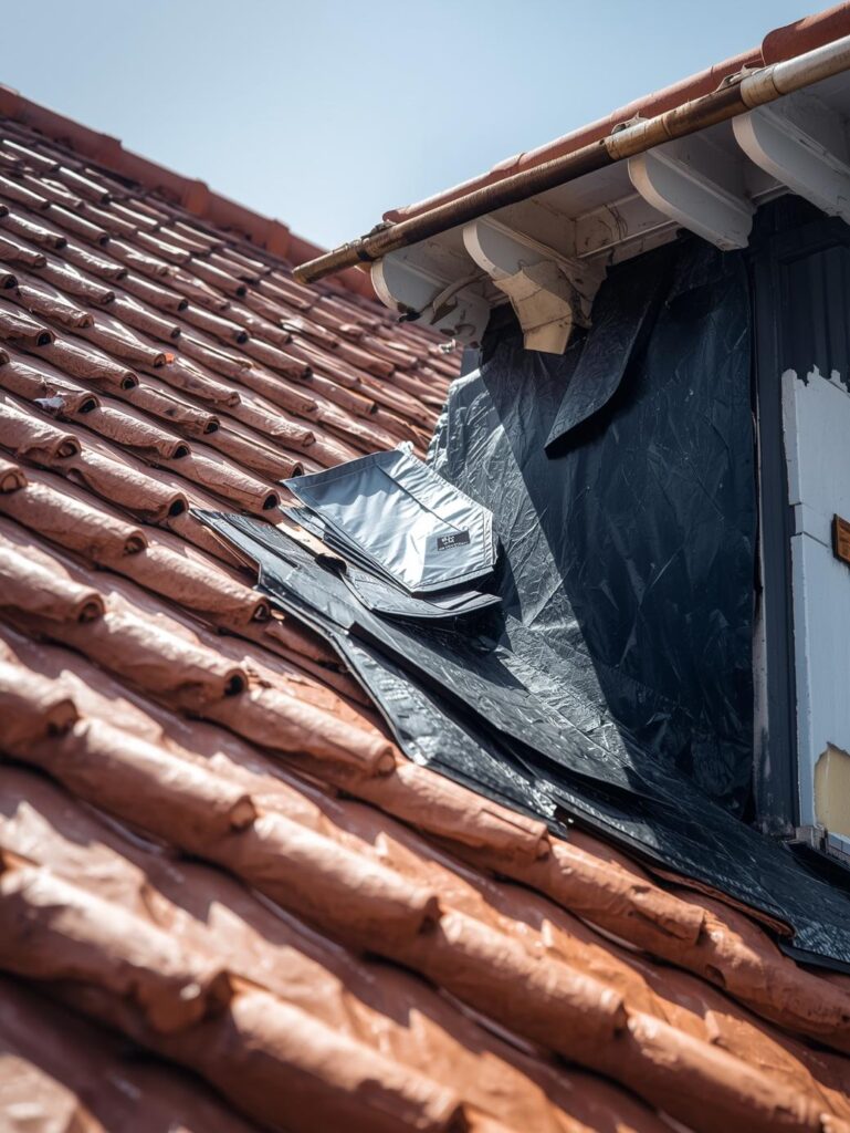 Gros plan sur des tuiles canal cassées et l'infiltration d'eau, signe d'une urgence de réparation toiture.