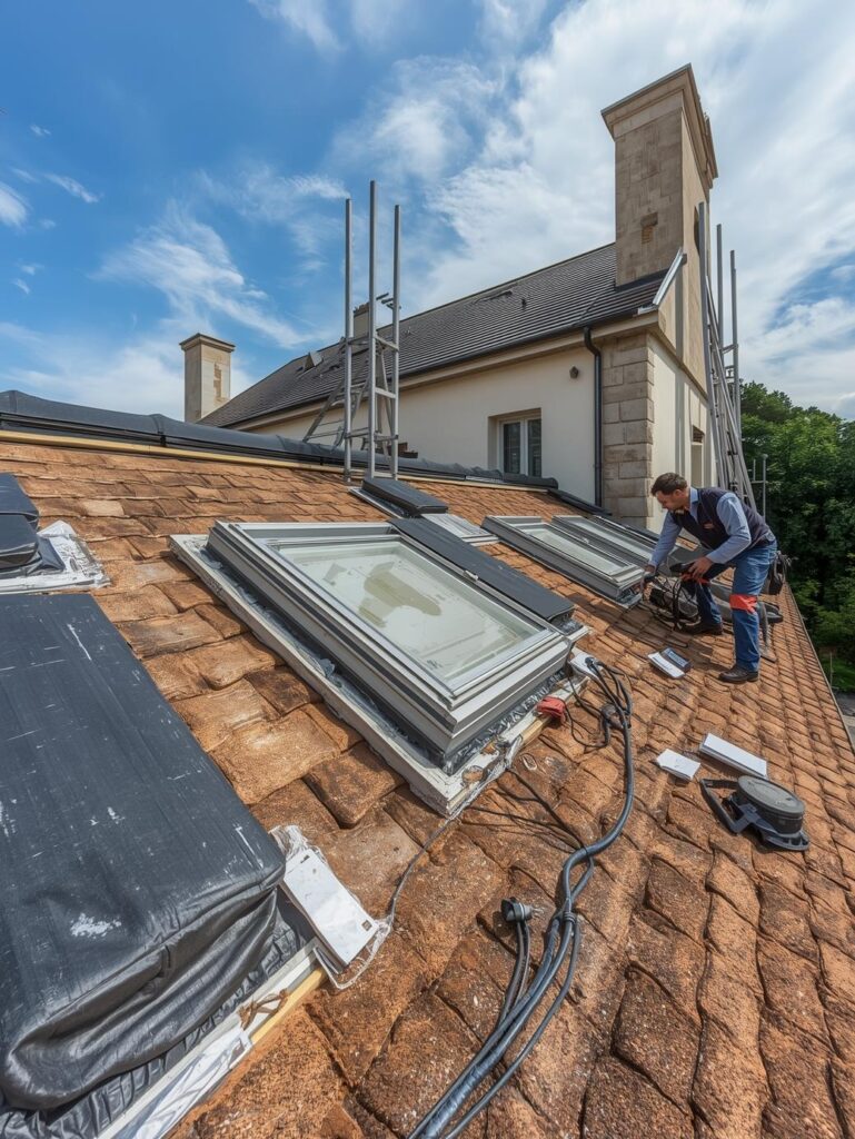 Artisan couvreur MOF installant des fenêtres de toit (Velux) lors d'une rénovation de toiture en tuiles au Pays Basque (64).