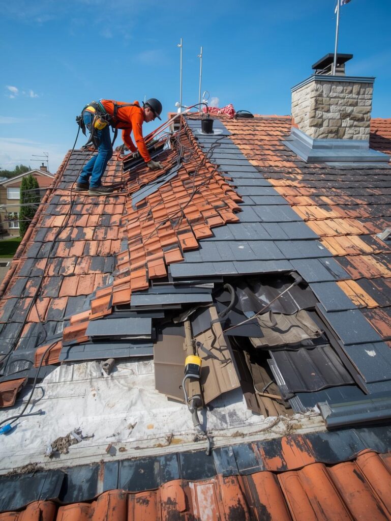 Artisan couvreur réalisant une rénovation complète de toiture avec changement de tuiles et pose d'ardoises à Bayonne (64).