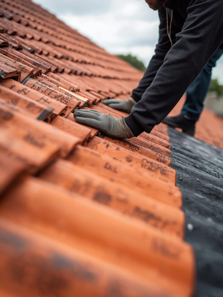 Couvreur réparant une zone de tuiles cassées avec pose d'écran d'étanchéité, intervention d'urgence toiture à Dax (40).