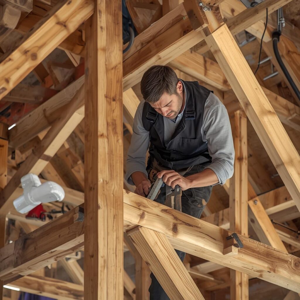Installation d'une gouttière en zinc-titane soudée sur le débord de toit d'une charpente par un artisan couvreur.