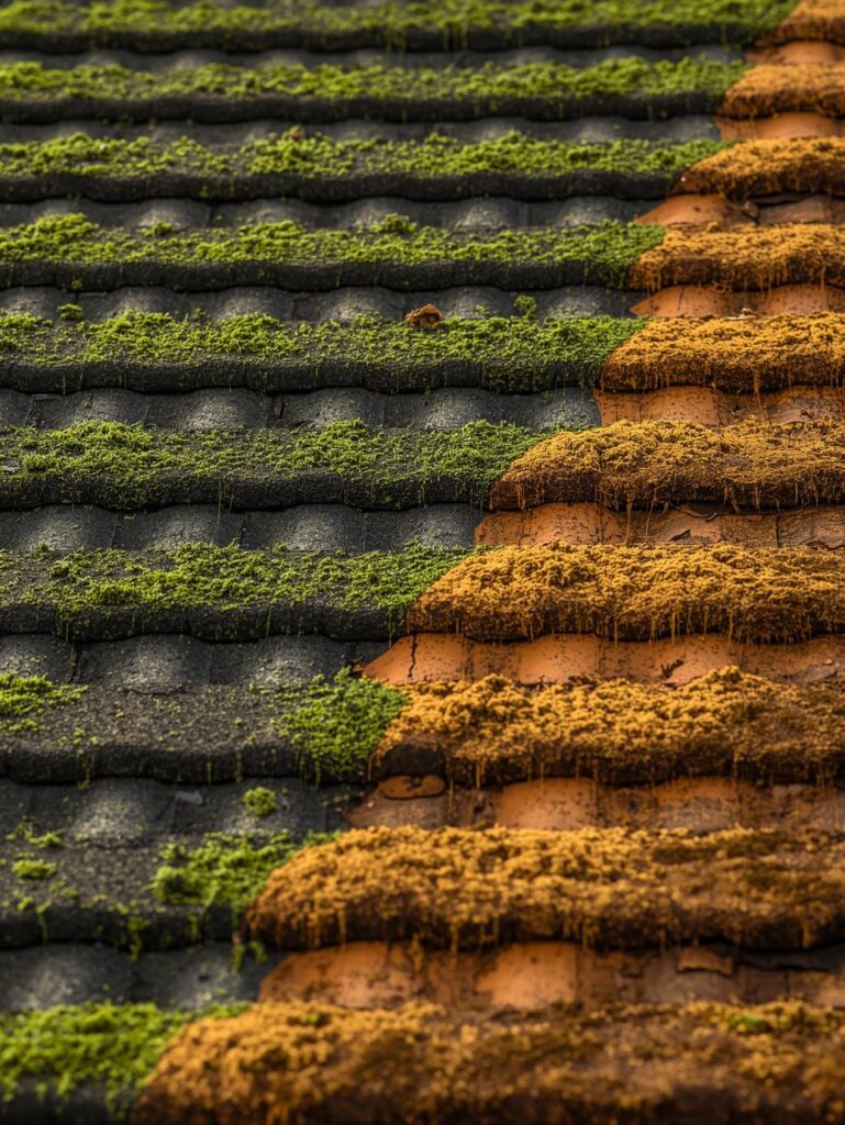 Contraste visuel de tuiles recouvertes de mousses (vert et jaune) illustrant l'urgence du démoussage toiture par un professionnel.