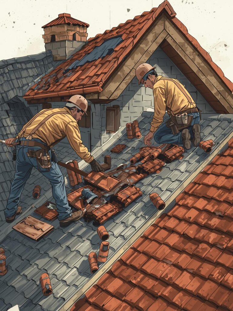 Illustration de deux couvreurs réparant une toiture en tuiles, symbolisant la rénovation et l'expertise en couverture dans les Landes et le Pays Basque.