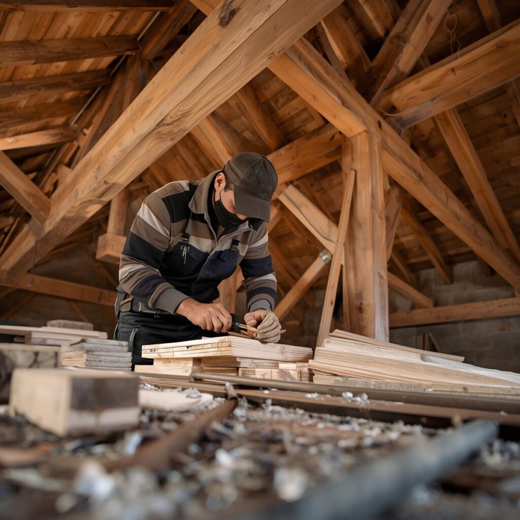 Artisan Couvreur Zingueur sur échelle installant une descente de gouttière en zinc sur une charpente en bois neuf 64.