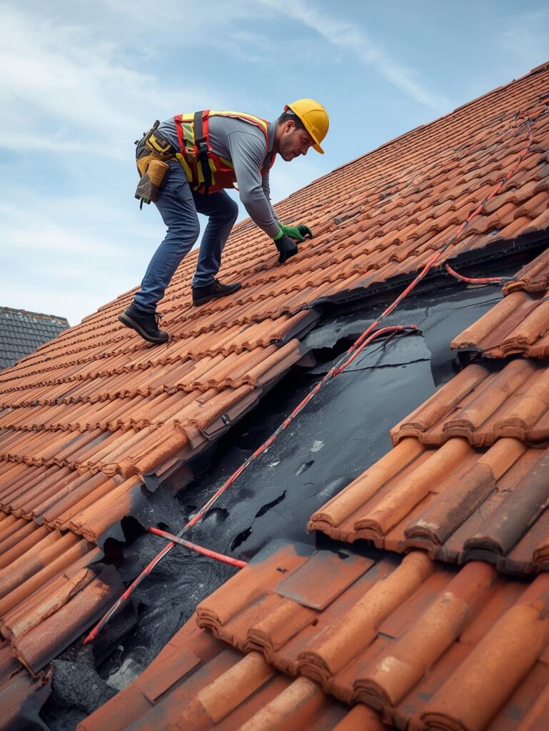 Artisan couvreur en sécurité réparant une toiture en tuiles endommagée, assurant l'étanchéité après intempéries à Dax (Landes 40).