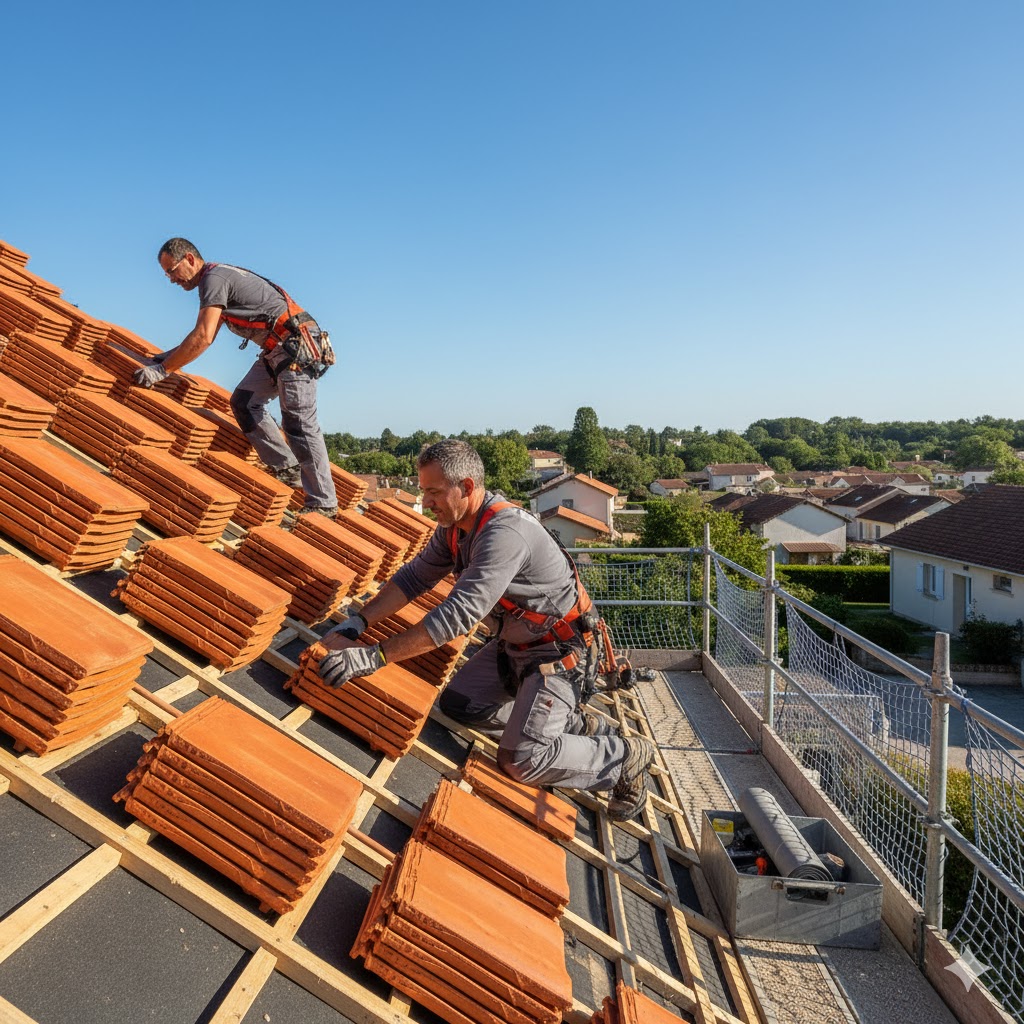 Détail d'une gouttière en cuivre sur une toiture en ardoise et façade en pierre, illustration de zinguerie haut de gamme au Pays Basque.