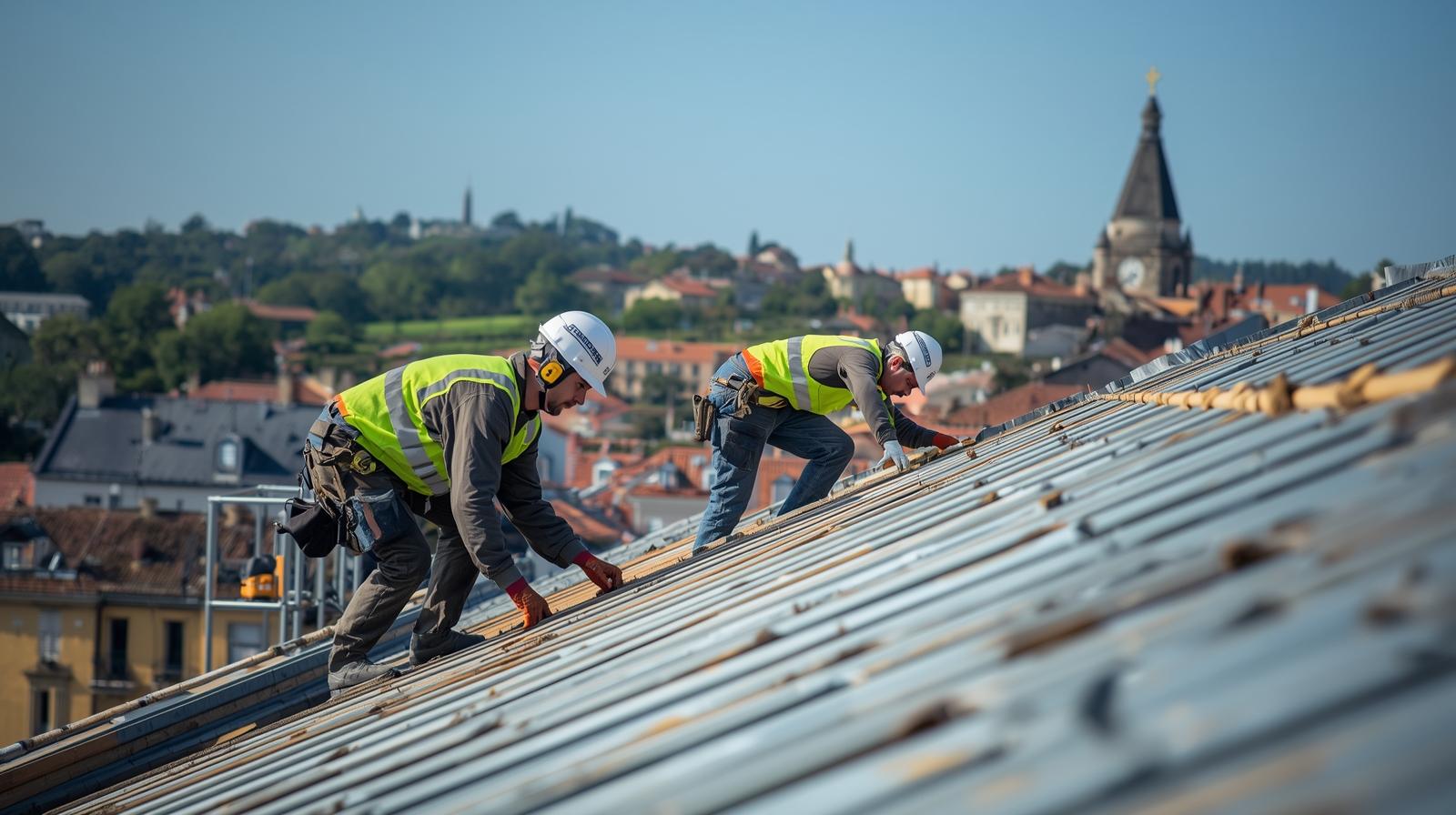 Couvreur à Biarritz en train de réparer une toiture en tuiles dans les Pyrénées-Atlantiques