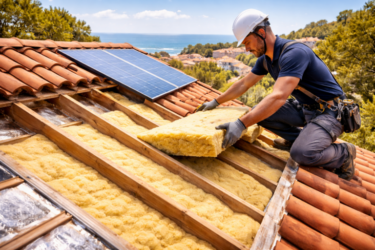 Couvreur à Labenne installant une isolation sur une toiture en tuiles avec vue sur la côte basque