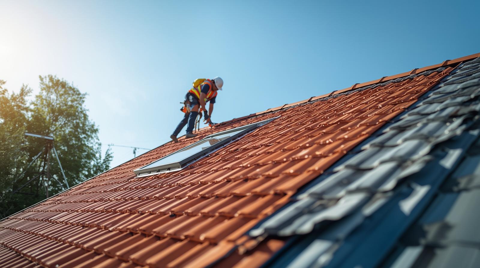 Artisan couvreur à Labenne en train de rénover une toiture en tuiles rouges, renforçant l’isolation thermique de la maison