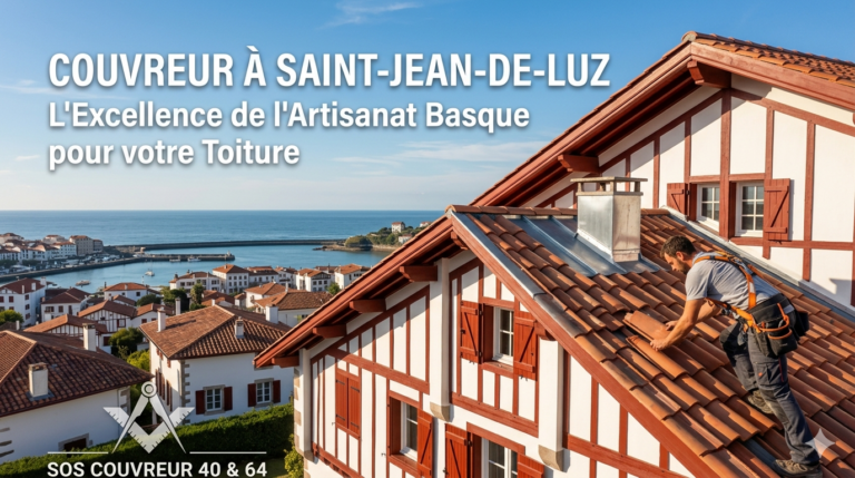 Un artisan couvreur Compagnon du Devoir installe des tuiles sur une toiture traditionnelle basque à Saint-Jean-de-Luz, avec vue sur le port et l'océan Atlantique.