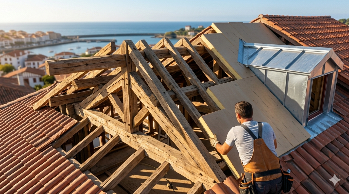 Vue plongeante d'un artisan charpentier travaillant sur une structure de charpente bois exposée, installant des panneaux d'isolation thermique (système Sarking) sous des tuiles traditionnelles à Saint-Jean-de-Luz.