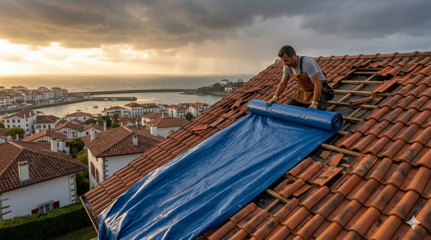 Vue dramatique en plongée d'un artisan couvreur luttant contre le vent pour dérouler une bâche d'urgence bleue sur une toiture endommagée par une tempête, avec le port de Saint-Jean-de-Luz sous un ciel post-orage.