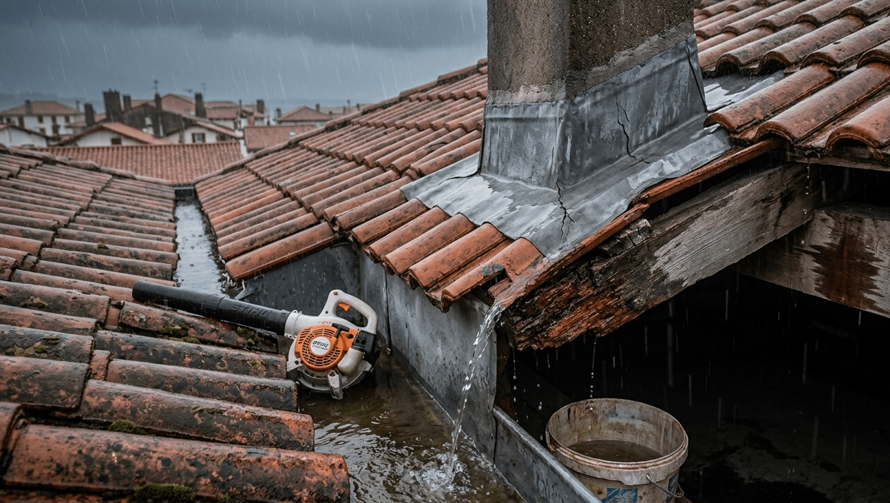 Gros plan dramatique sur une fuite de toiture active avec tuiles canal déplacées et solin fissuré, illustrant l'urgence avant intervention à Bayonne.