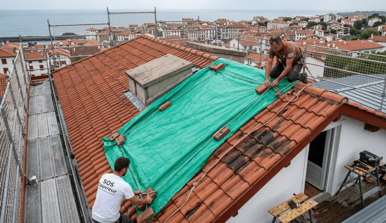 Intervention d'urgence par l'équipe SOS Couvreur pour le bâchage d'une toiture en tuiles canal à Bayonne, sécurisant une fuite de toit face à l'océan.