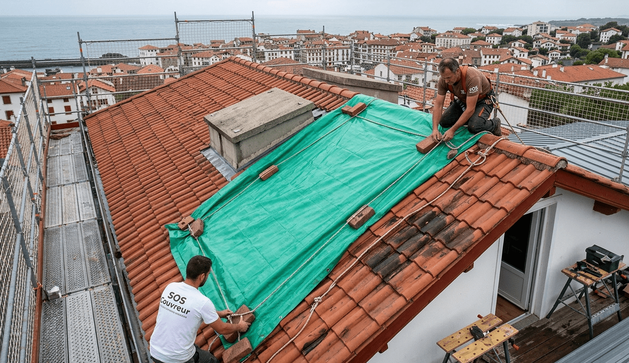 Intervention d'urgence par l'équipe SOS Couvreur pour le bâchage d'une toiture en tuiles canal à Bayonne, sécurisant une fuite de toit face à l'océan.