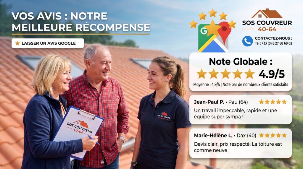 Clients souriants devant leur toiture rénovée avec l'équipe SOS Couvreur 40-64. Affichage des avis Google 4,9/5, témoignages de Jean-Paul P. à Pau et Marie-Hélène L. à Dax, et numéro de contact.