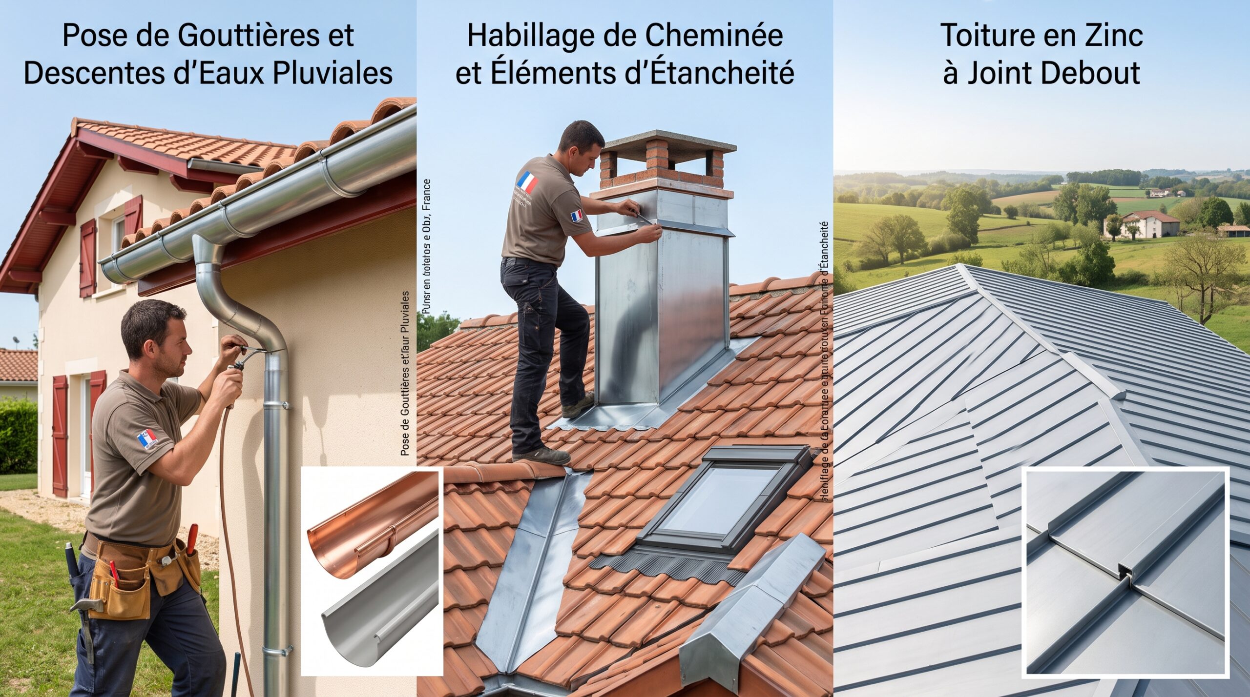 Zinguerie à Dax : L’Art de l’Étanchéité Durable par SOS Couvreur 2 Infographie en trois parties illustrant les travaux de zinguerie à Dax : soudure de gouttière zinc, habillage de cheminée sur mesure et pose de toiture en zinc à joint debout.