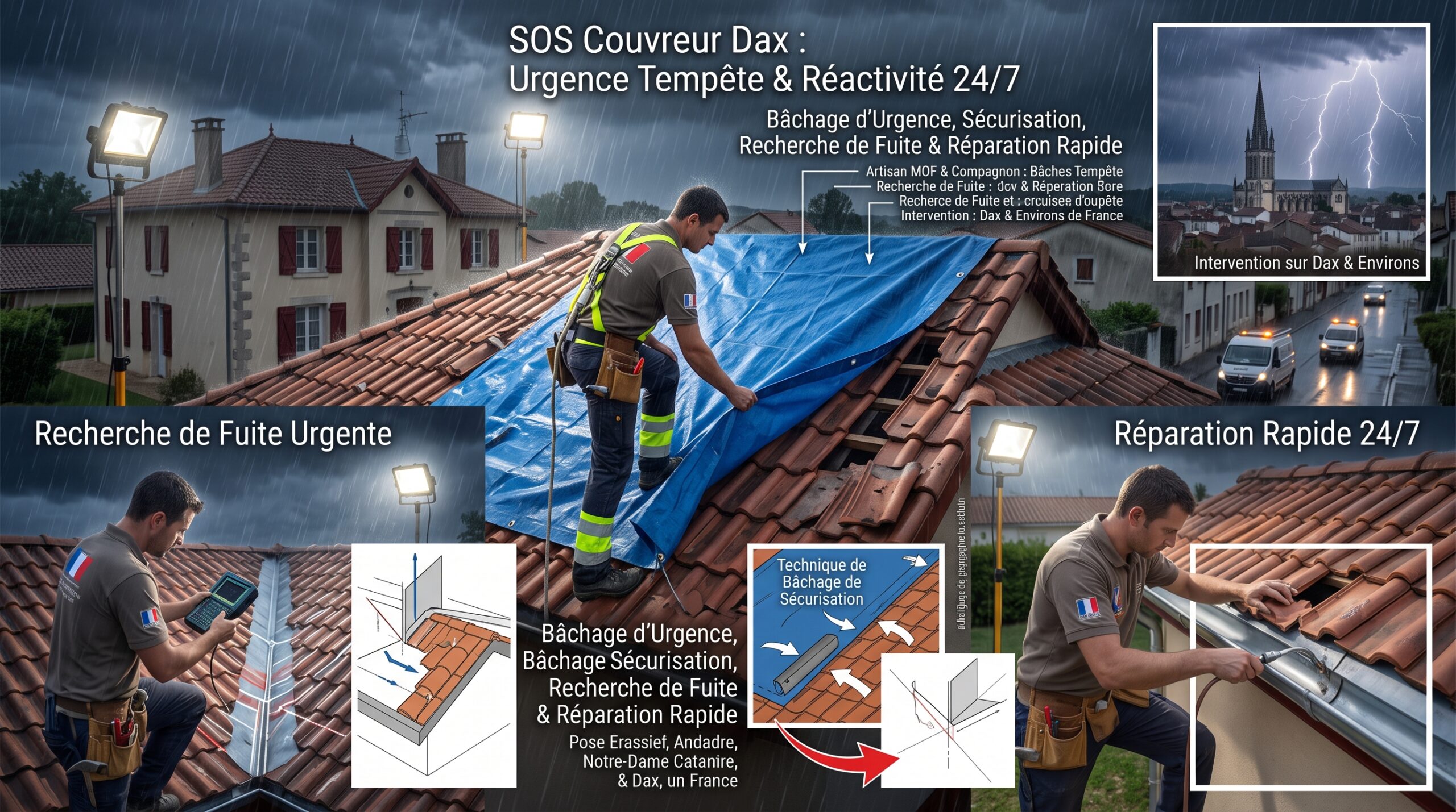 Zinguerie à Dax : L’Art de l’Étanchéité Durable par SOS Couvreur 3 Couvreur effectuant un bâchage d'urgence de nuit et une recherche de fuite de toiture suite à une tempête à Dax dans les Landes.