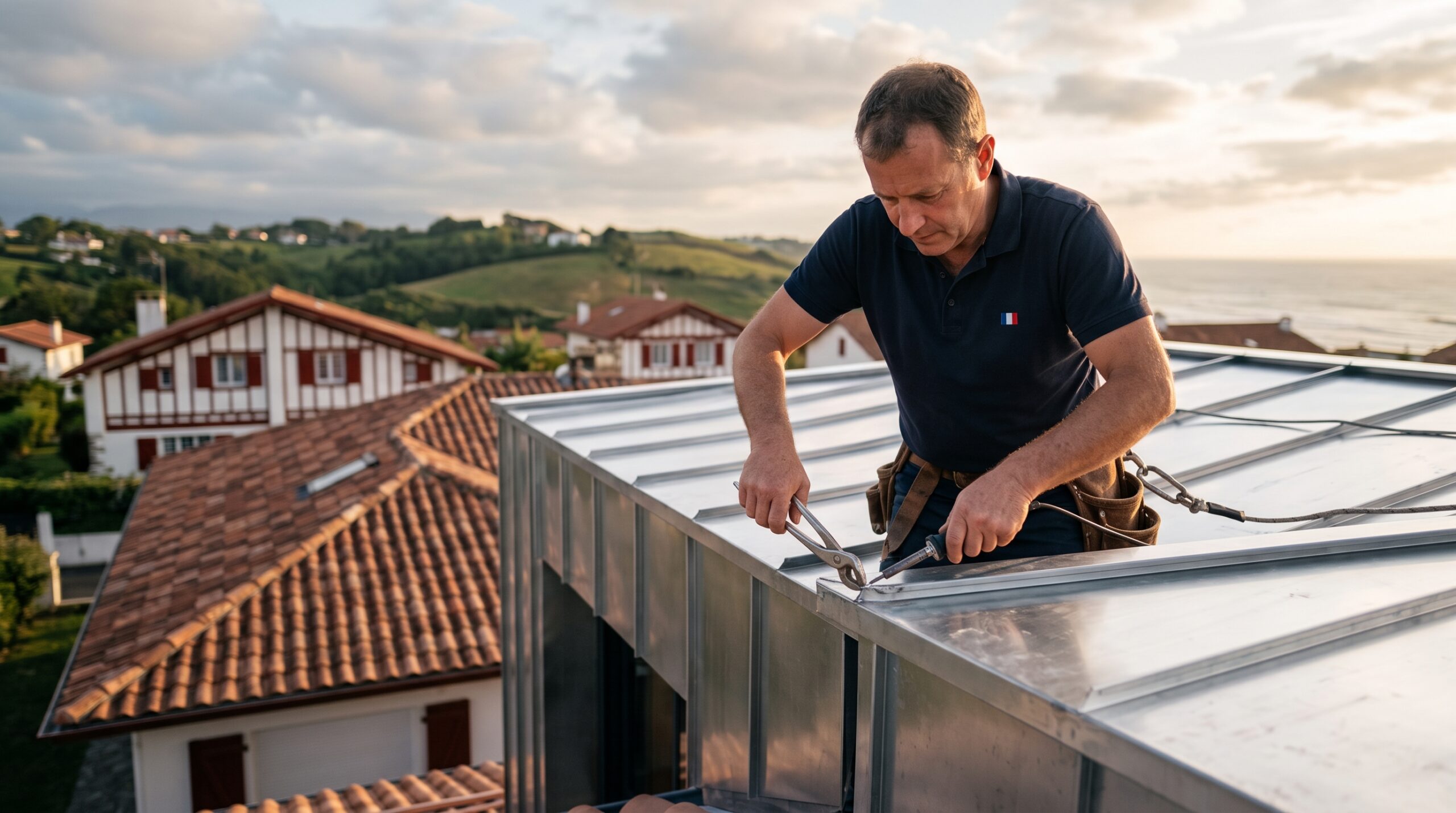 Zinguerie à Bayonne : Tout savoir sur la Toiture en Zinc à Joint Debout et à Tasseaux 1 Zinguerie à Bayonne : Artisan couvreur zingueur MOF façonnant les plis d'une toiture en zinc argenté à joint debout sur une villa du BAB (Bayonne-Anglet-Biarritz).