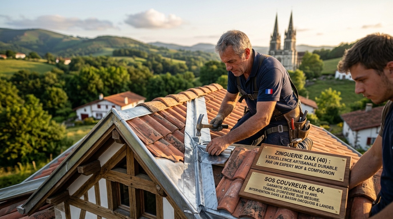Zinguerie à Dax : L’Art de l’Étanchéité Durable par SOS Couvreur 1 Zinguerie à Dax : Artisan couvreur zingueur MOF réalisant le façonnage d'une noue en zinc sur un toit en tuiles à Dax dans les Landes.