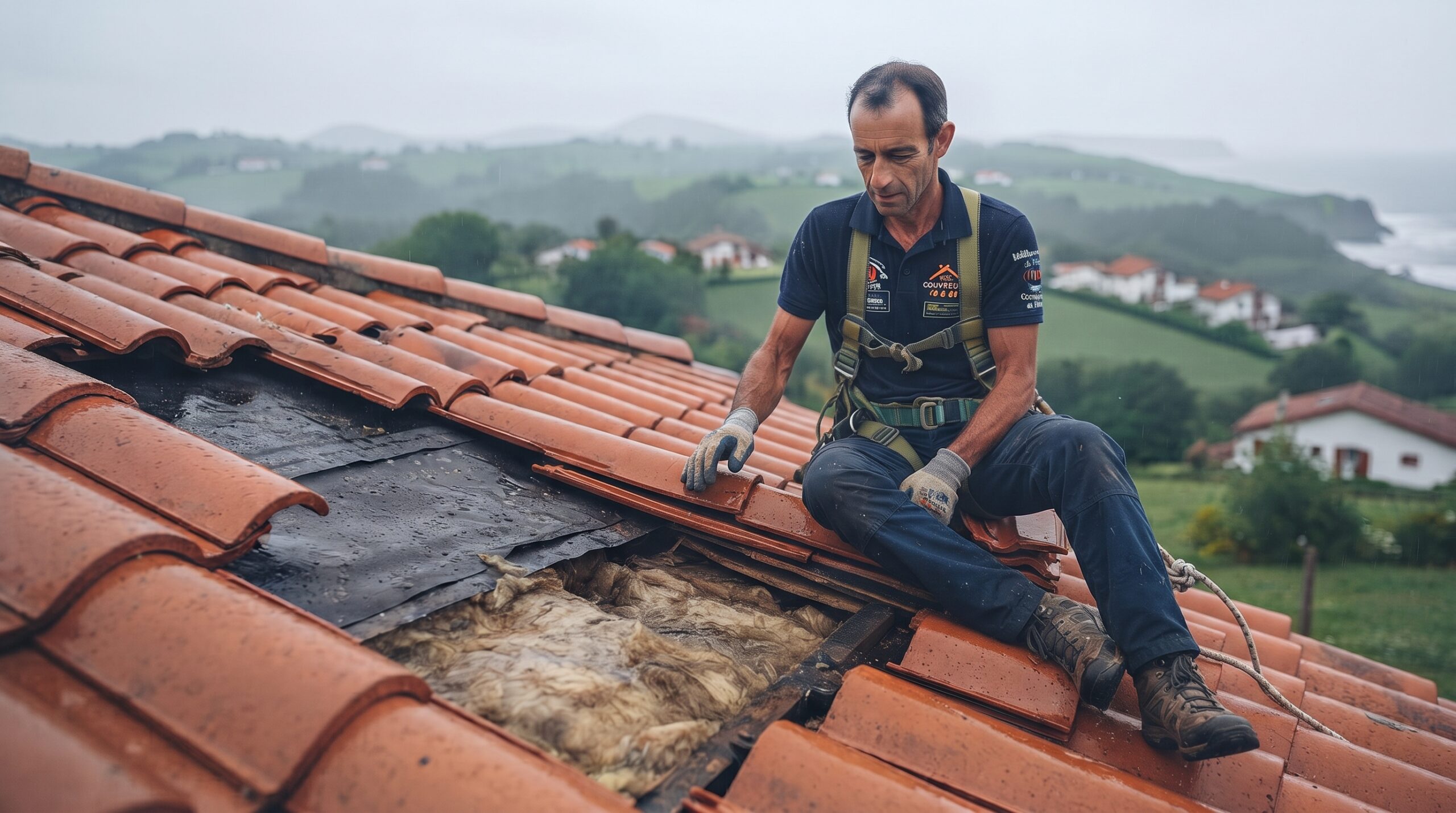 Dépannage Toiture Urgence 24/7 6 Un artisan couvreur zingueur professionnel de SOS Couvreur 40 & 64, équipé d'un harnais de sécurité, est assis sur un toit en tuiles cassé. Il inspecte une zone où la sous-toiture et l'isolation sont exposées suite à une tempête sur la côte basque, illustrant une situation d'urgence et un besoin de réparation immédiate.