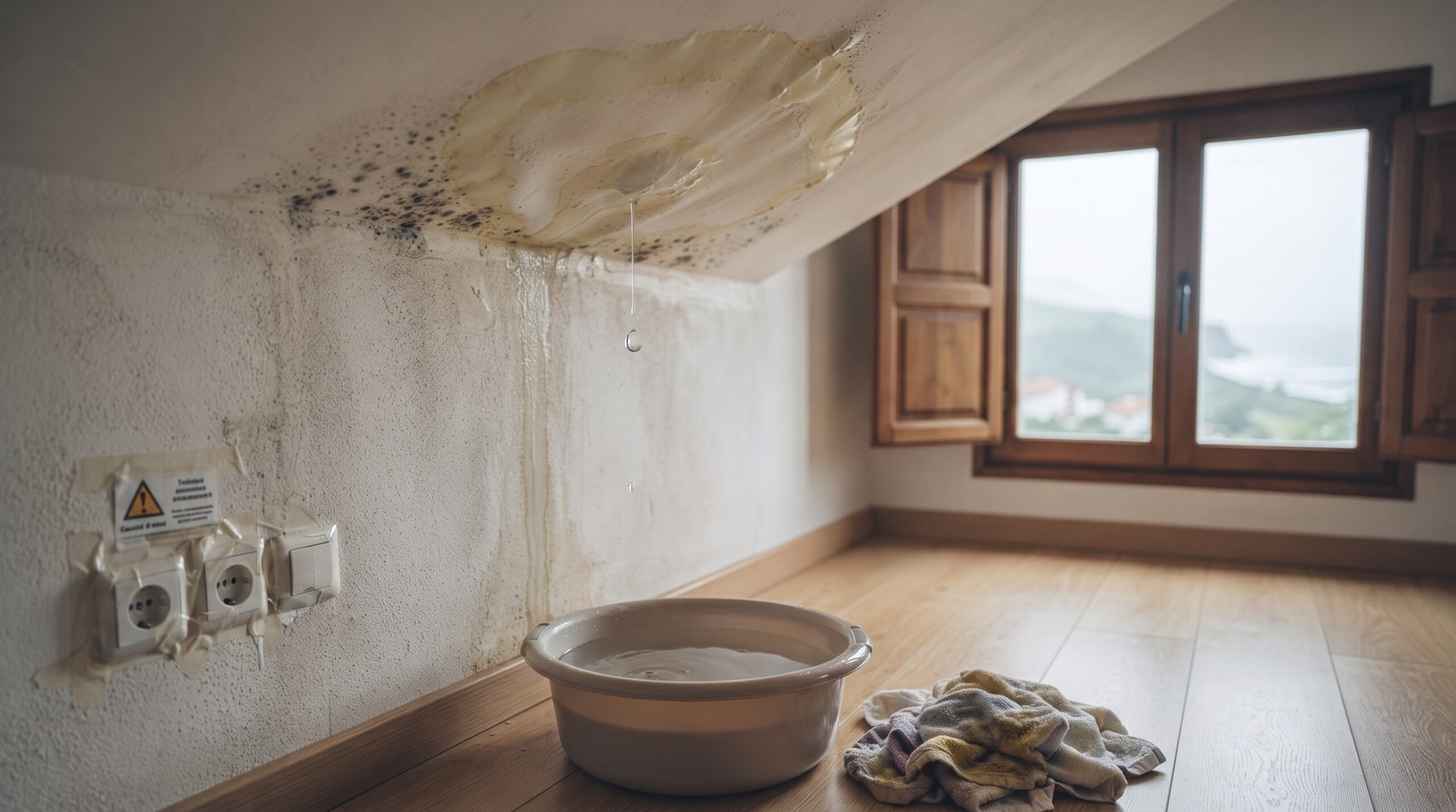 Dépannage Toiture Urgence 24/7 5 Gros plan sur un plafond de maison dans les Landes (40) présentant une importante tache d'humidité et des traces de moisissures dues à une infiltration d'eau. Une goutte tombe activement dans une bassine posée sur le sol, et des serviettes sont au sol, illustrant un dégât des eaux nécessitant l'intervention urgente d'un couvreur.