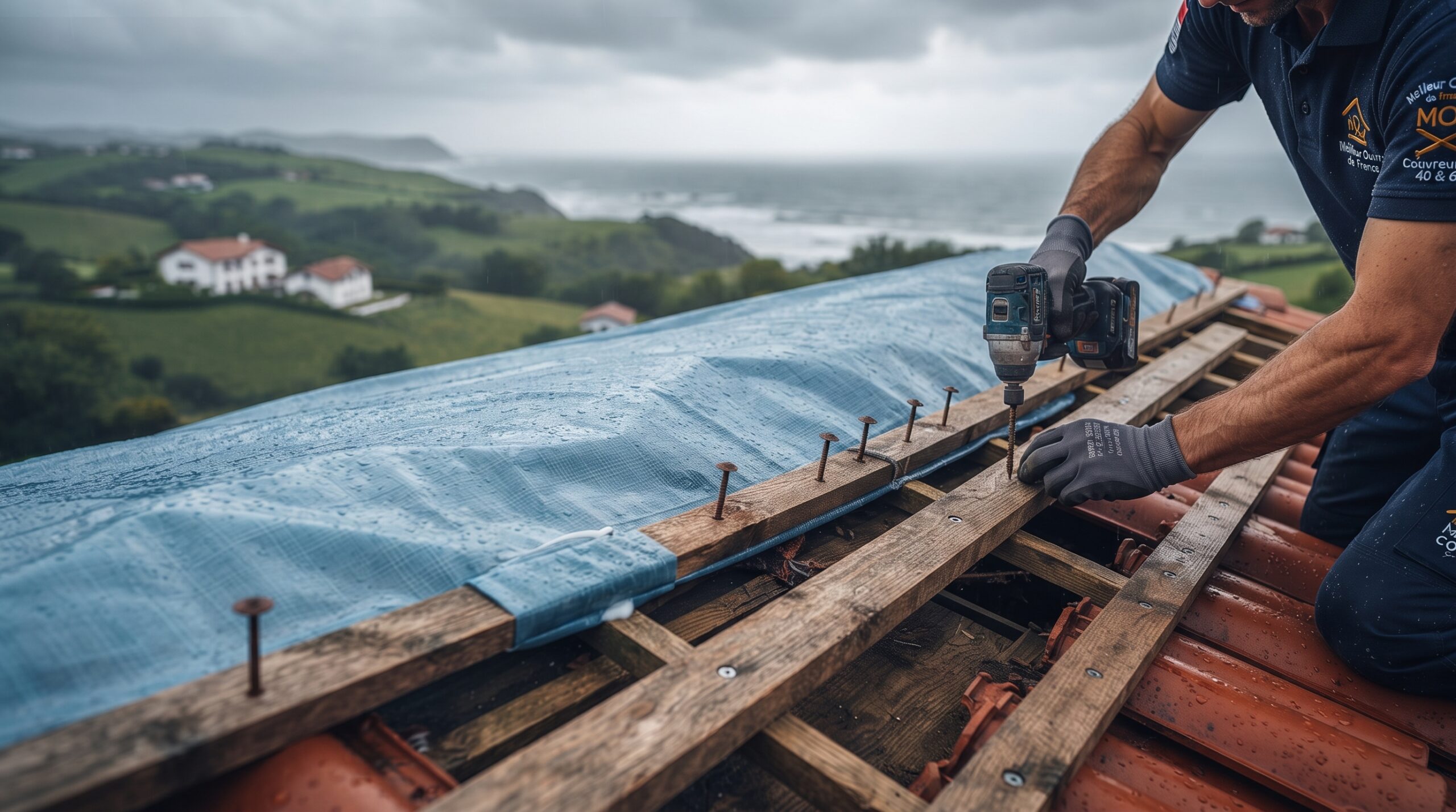 Dépannage Toiture Urgence 24/7 1 Gros plan sur l'intervention d'un artisan couvreur SOS Couvreur 40 & 64 sécurisant une bâche d'urgence haute résistance sur une toiture en tuiles à l'aide de tasseaux vissés, pour une étanchéité immédiate. Arrière-plan côtier landais/basque sous un ciel orageux.