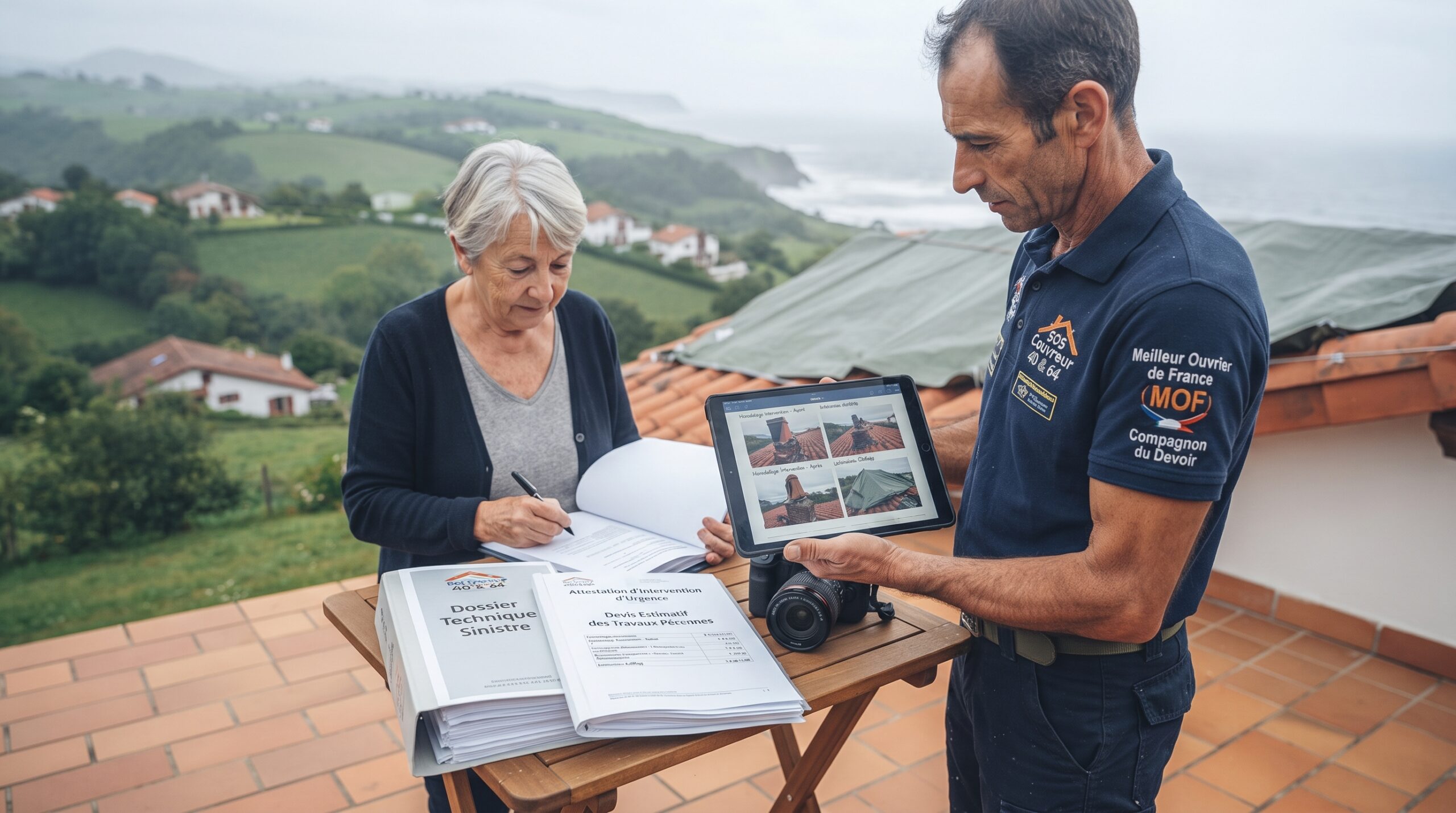 Dépannage Toiture Urgence 24/7 4 L'artisan couvreur SOS Couvreur 40 & 64, expert Meilleur Ouvrier de France, présente le dossier technique détaillé (rapport, photos horodatées avant/après, devis) à une cliente qui signe les documents. La scène se déroule sur une terrasse avec vue sur les collines basques et le toit bâché en arrière-plan, illustrant la transparence des démarches pour l'assurance habitation.