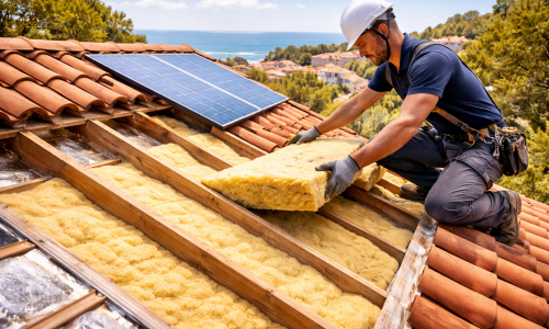 Couvreur à Labenne installant une isolation sur une toiture en tuiles avec vue sur la côte basque