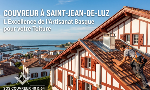 Un artisan couvreur Compagnon du Devoir installe des tuiles sur une toiture traditionnelle basque à Saint-Jean-de-Luz, avec vue sur le port et l'océan Atlantique.
