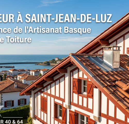 Un artisan couvreur Compagnon du Devoir installe des tuiles sur une toiture traditionnelle basque à Saint-Jean-de-Luz, avec vue sur le port et l'océan Atlantique.