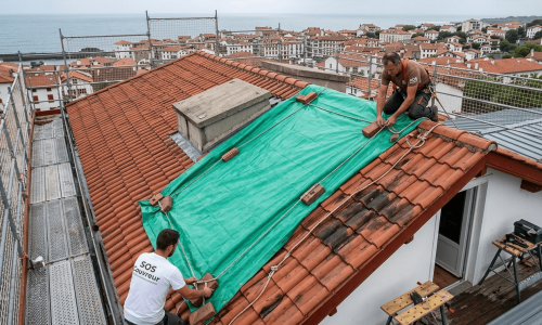 Intervention d'urgence par l'équipe SOS Couvreur pour le bâchage d'une toiture en tuiles canal à Bayonne, sécurisant une fuite de toit face à l'océan.