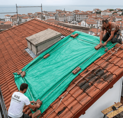 Intervention d'urgence par l'équipe SOS Couvreur pour le bâchage d'une toiture en tuiles canal à Bayonne, sécurisant une fuite de toit face à l'océan.