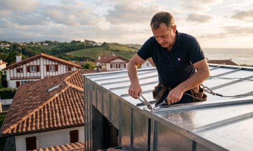 Zinguerie à Bayonne : Artisan couvreur zingueur MOF façonnant les plis d'une toiture en zinc argenté à joint debout sur une villa du BAB (Bayonne-Anglet-Biarritz).
