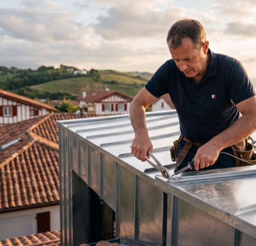 Zinguerie à Bayonne : Artisan couvreur zingueur MOF façonnant les plis d'une toiture en zinc argenté à joint debout sur une villa du BAB (Bayonne-Anglet-Biarritz).