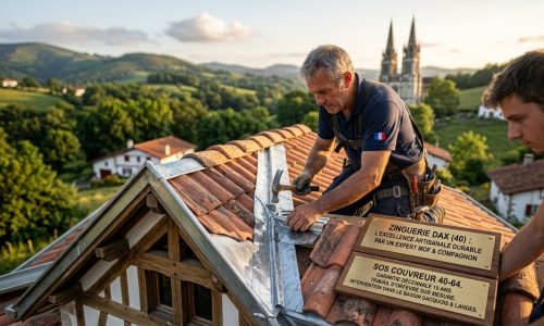 Zinguerie à Dax : Artisan couvreur zingueur MOF réalisant le façonnage d'une noue en zinc sur un toit en tuiles à Dax dans les Landes.