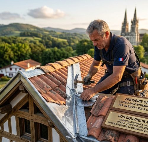 Zinguerie à Dax : Artisan couvreur zingueur MOF réalisant le façonnage d'une noue en zinc sur un toit en tuiles à Dax dans les Landes.